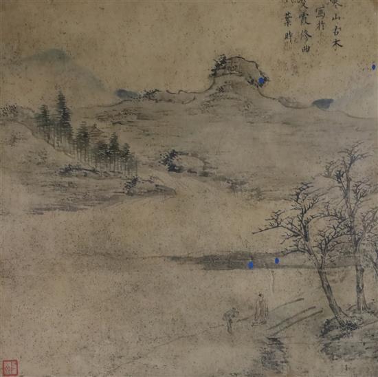 Three Chinese ink paintings after Song and Yuan old masters, largest image excluding brocade border 26.5cm x 32cm